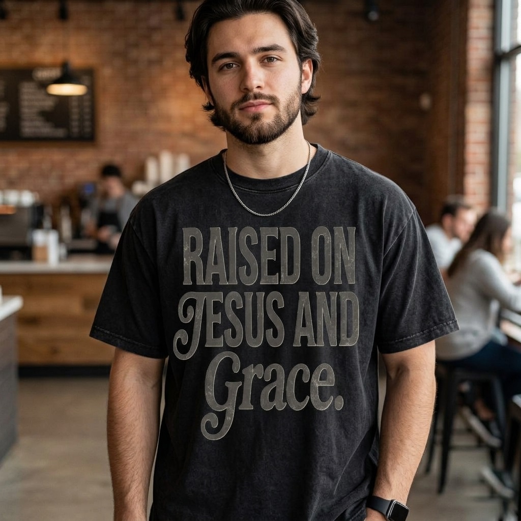 Raised On Jesus and Grace Wash Tee – Christian Gift for Believers Vintage Western Distressed - back view